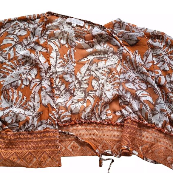 TIMING Blouse Womens XL Orange Wide Sleeve Lace Tie Front Tropical Print Boho - Picture 2 of 7